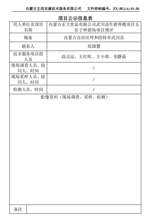 內(nèi)蒙古正大食品有限公司武川縣生豬養(yǎng)殖項(xiàng)目五 份子種豬場(chǎng)項(xiàng)目預(yù)評(píng)